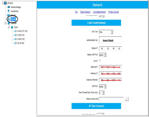 Motorola repeater IPSC configuration screen